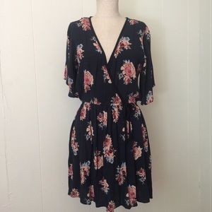 Navy Floral Faux Wrap Dress